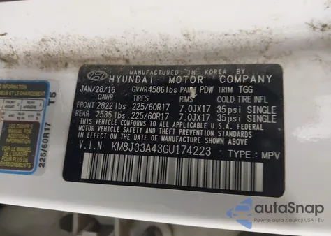 2016 Hyundai Tucson Se z USA, uszkodzony, nr VIN KM8J33A43GU174223